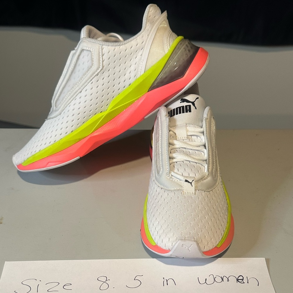 Puma Women's White and Neon Pink Sneakers